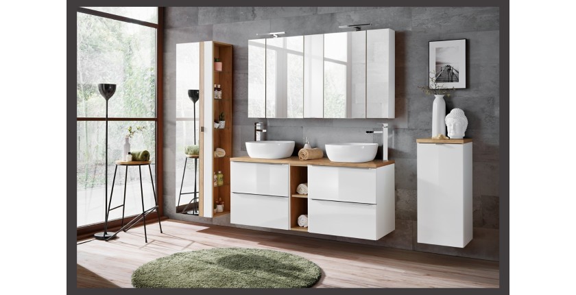 Meuble de rangement NALYA 75 cm – Blanc brillant et chêne clair – Élément mural compact