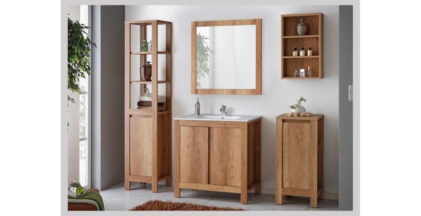 Meuble sous vasque KALUNA 80 cm – Coloris bois de noyer – Meuble suspendu rustique 