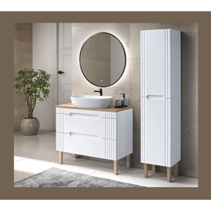 Meuble sous vasque FIDJI 120 cm – Blanc alpin brillant – 2 tiroirs – Fixation murale ou au sol 