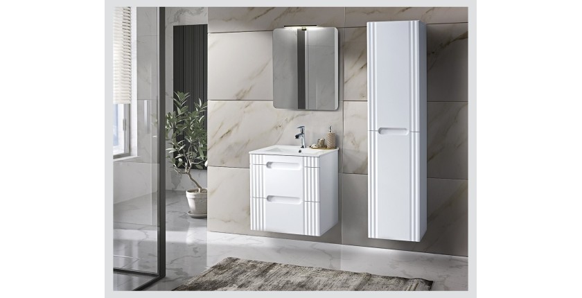 Meuble sous vasque FIDJI 60 cm – Blanc alpin brillant – 2 tiroirs – Fixation murale ou au sol 