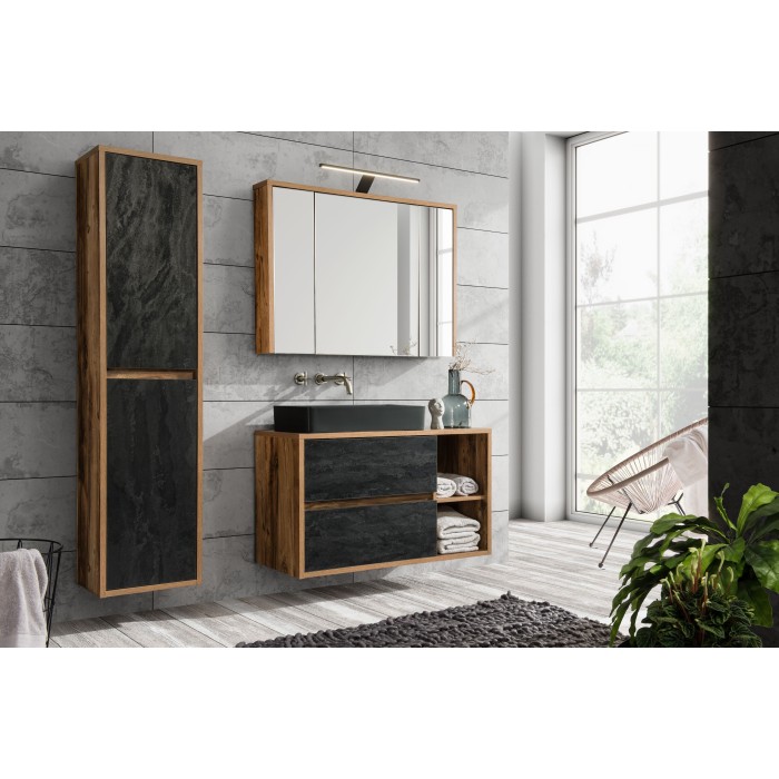 Colonne de salle de bain suspendue GABI 170 cm – Finition ardoise et chêne foncé – Style rustique 