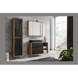 Colonne de salle de bain suspendue GABI 170 cm – Finition ardoise et chêne foncé – Style rustique 