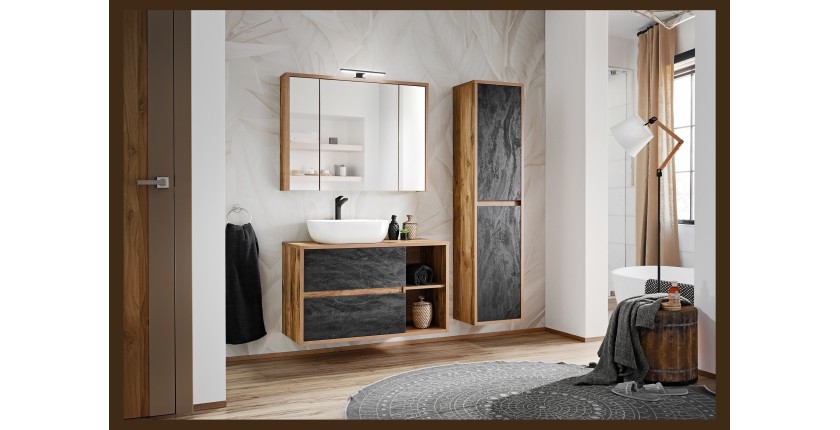 Meuble de rangement GABI 100 cm – 3 portes miroir – Finition ardoise et bois – À suspendre 