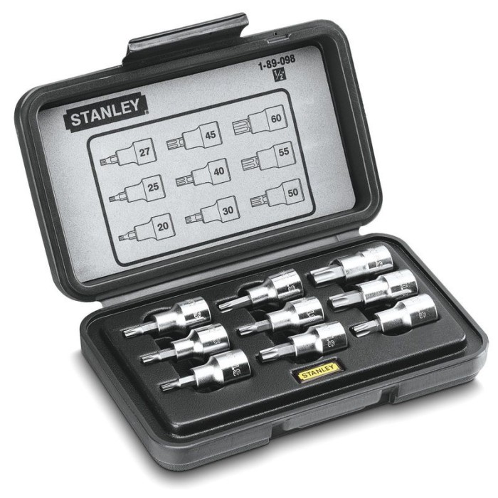 Coffret à Douilles - STANLEY - Jeu de 9 Douilles Torx - T20-T25-T27-T30-T40-T45-T50-T55-T60, 1-89-098
