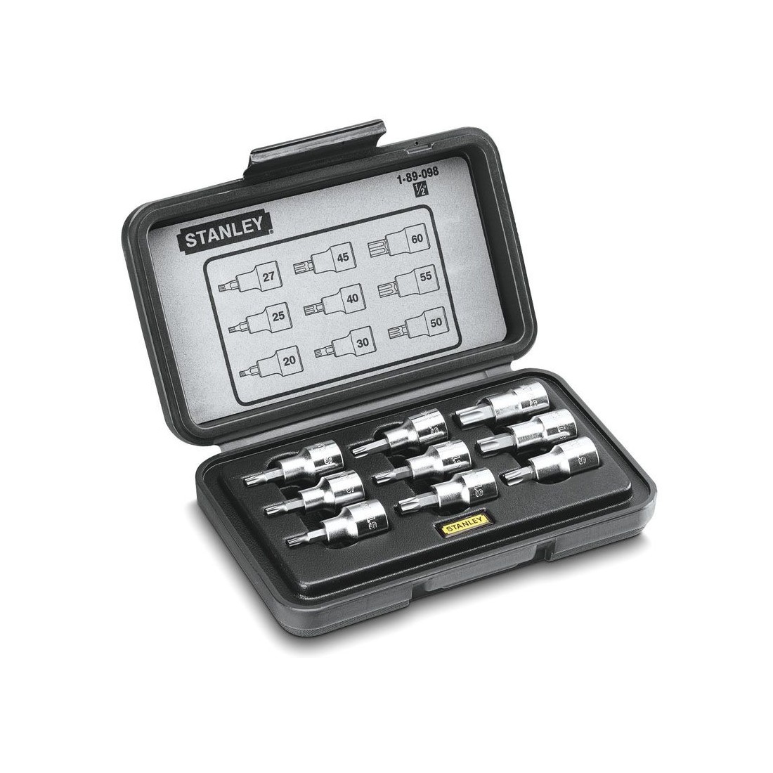 Coffret à Douilles 6 Pans 1/2" - STANMEY - Jeu de 9 Douilles Torx - T20-T25-T27-T30-T40-T45-T50-T55-T60, 1-89-098