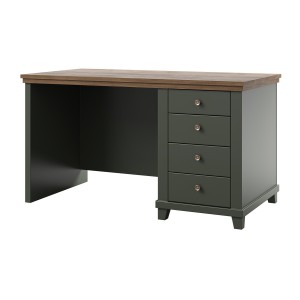 Bureau ASSIA 140 cm vert foncé et bois - 4 tiroirs avec poignées bouton - Élégance chic