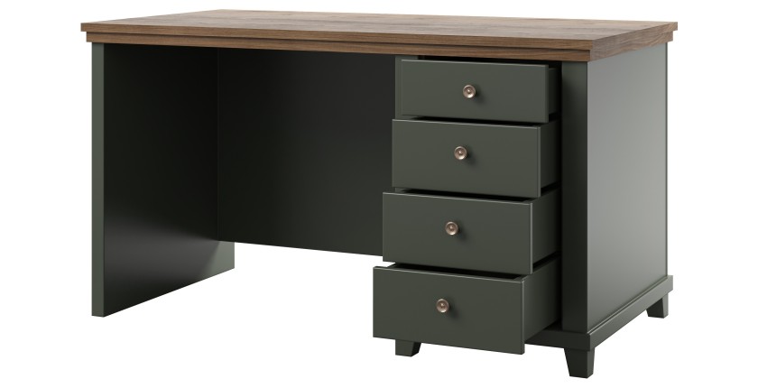 Bureau ASSIA 140 cm vert foncé et bois - 4 tiroirs avec poignées bouton - Élégance chic