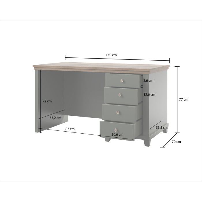 Bureau ASSIA 140 cm donkergroen en hout - 4 lades met knopgrepen - Chique elegantie
