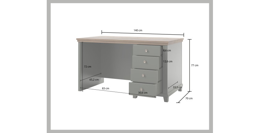 Bureau ASSIA 140 cm vert foncé et bois - 4 tiroirs avec poignées bouton - Élégance chic
