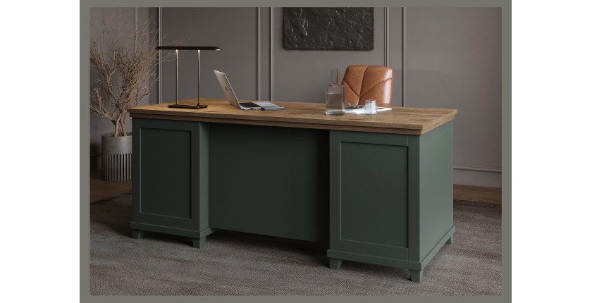 Bureau ASSIA 180 cm vert foncé et bois - Tiroirs, niches et rangement - Élégance intemporelle