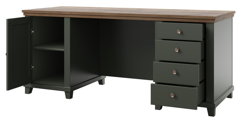 Bureau ASSIA 180 cm vert foncé et bois - Tiroirs, niches et rangement - Élégance intemporelle