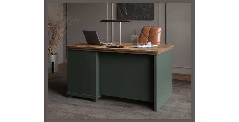 Bureau ASSIA 140 cm vert foncé et bois - 4 tiroirs avec poignées bouton - Élégance chic
