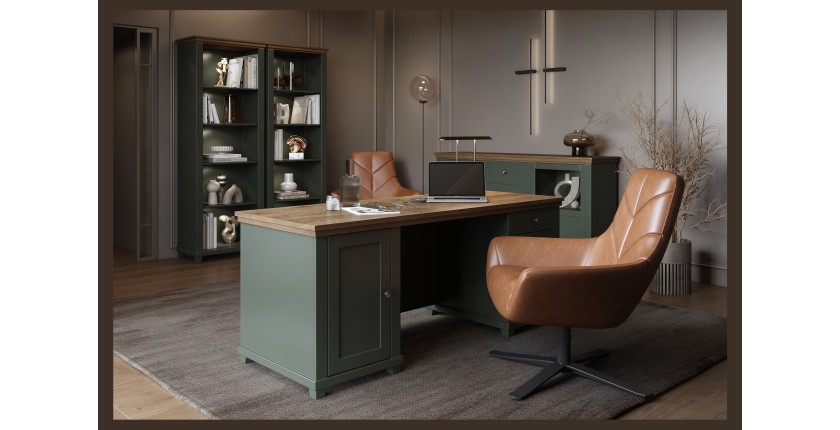 Bibliothèque ASSIA vert foncé et bois 71 cm - 5 niches ouvertes - Élégance sobre et design