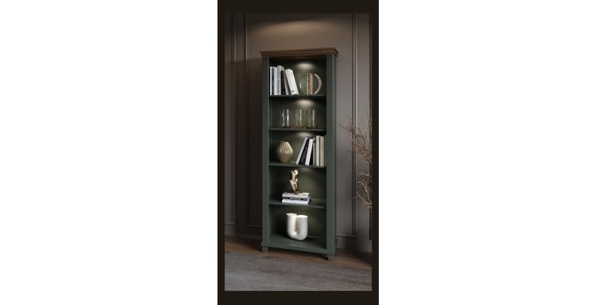 Bibliothèque ASSIA vert foncé et bois 71 cm - 5 niches ouvertes - Élégance sobre et design