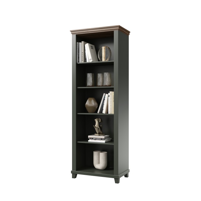 Bibliothèque ASSIA vert foncé et bois 71 cm - 5 niches ouvertes - Élégance sobre et design