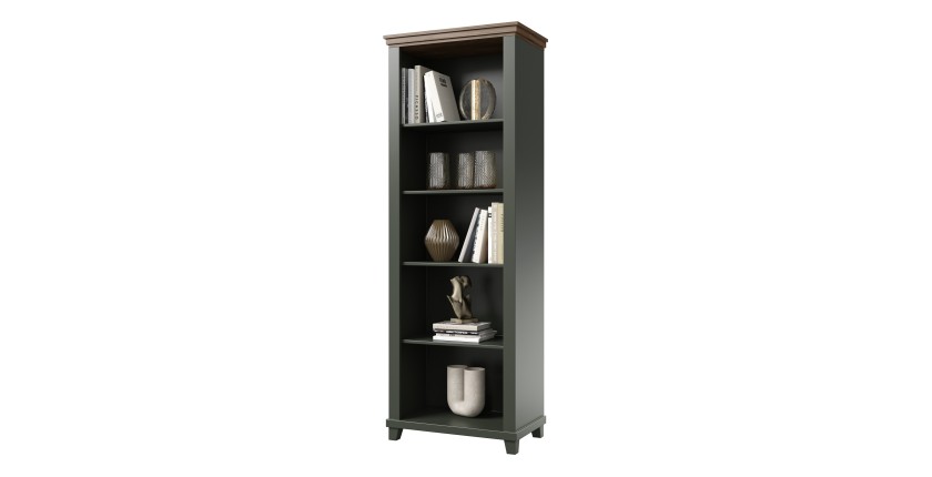 Bibliothèque ASSIA vert foncé et bois 71 cm - 5 niches ouvertes - Élégance sobre et design