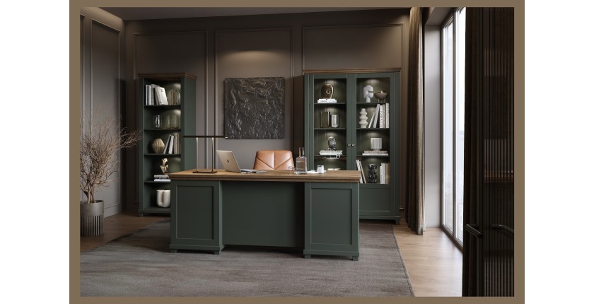 Ensemble bureau ASSIA vert foncé et bois – Bureau 180 cm + bibliothèque + vitrine 2 portes vitrées