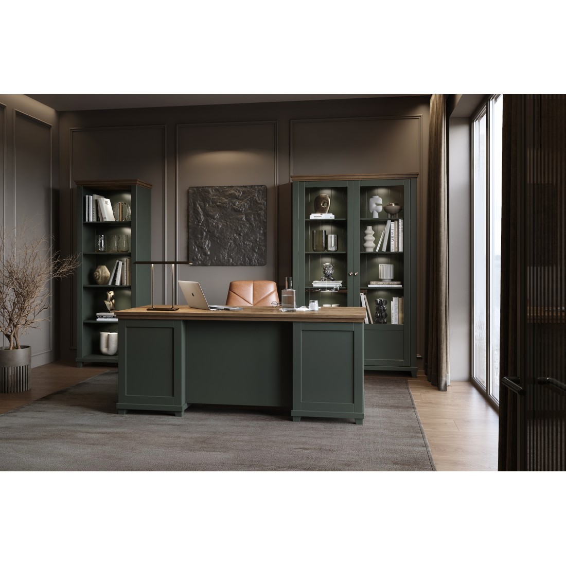 Ensemble bureau ASSIA vert foncé et bois – Bureau 180 cm + bibliothèque + vitrine 2 portes vitrées