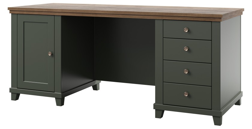 Ensemble bureau ASSIA vert foncé et bois – Bureau 180 cm + bibliothèque + vitrine 2 portes vitrées