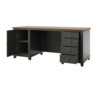 Ensemble bureau ASSIA vert foncé et bois – Bureau 180 cm + bibliothèque + vitrine 2 portes vitrées