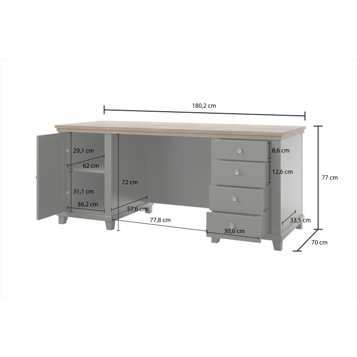 Ensemble bureau ASSIA vert foncé et bois – Bureau 180 cm + bibliothèque + vitrine 2 portes vitrées