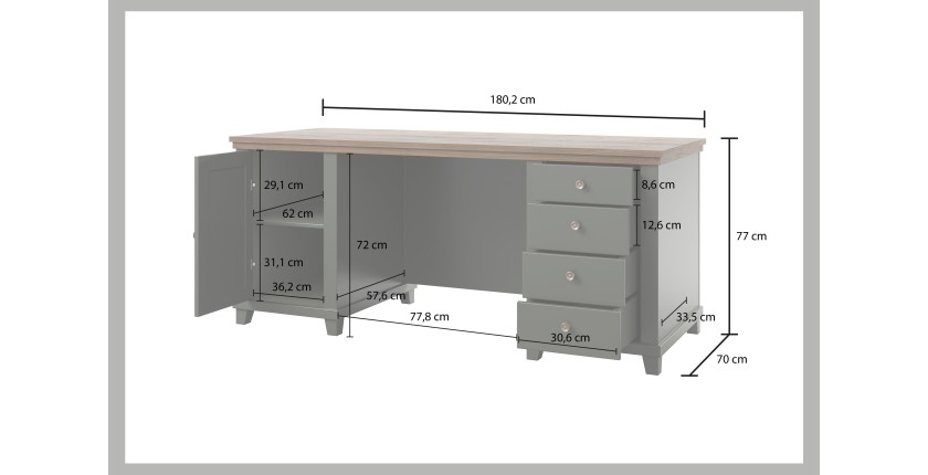 Ensemble bureau ASSIA vert foncé et bois – Bureau 180 cm + bibliothèque + vitrine 2 portes vitrées