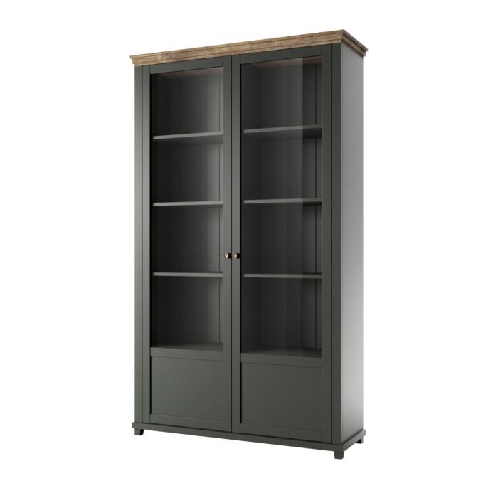 Ensemble bureau ASSIA vert foncé et bois – Bureau 180 cm + bibliothèque + vitrine 2 portes vitrées
