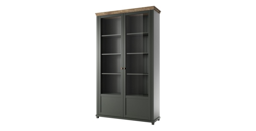 Ensemble bureau ASSIA vert foncé et bois – Bureau 180 cm + bibliothèque + vitrine 2 portes vitrées