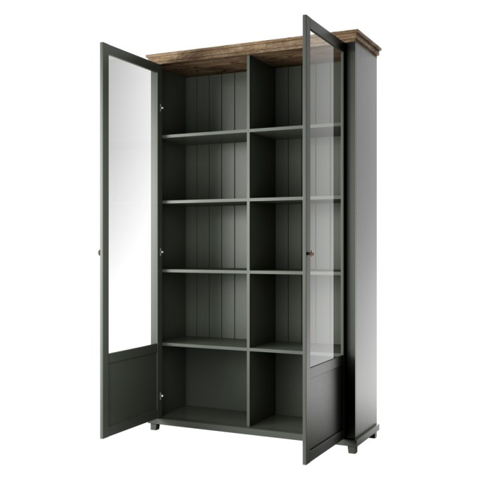Ensemble bureau ASSIA vert foncé et bois – Bureau 180 cm + bibliothèque + vitrine 2 portes vitrées