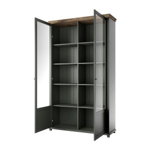 Ensemble bureau ASSIA vert foncé et bois – Bureau 180 cm + bibliothèque + vitrine 2 portes vitrées