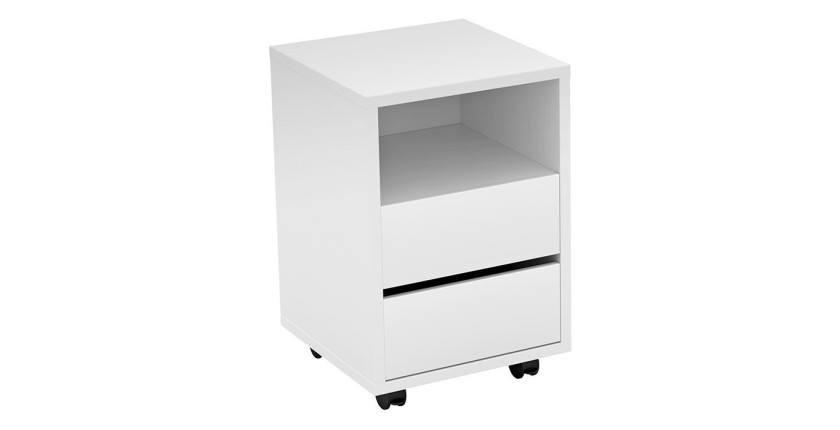 Caisson blanc à roulettes MELTO – 2 tiroirs et 1 niche – Rangement compact et mobile