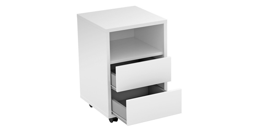 Caisson blanc à roulettes MELTO – 2 tiroirs et 1 niche – Rangement compact et mobile