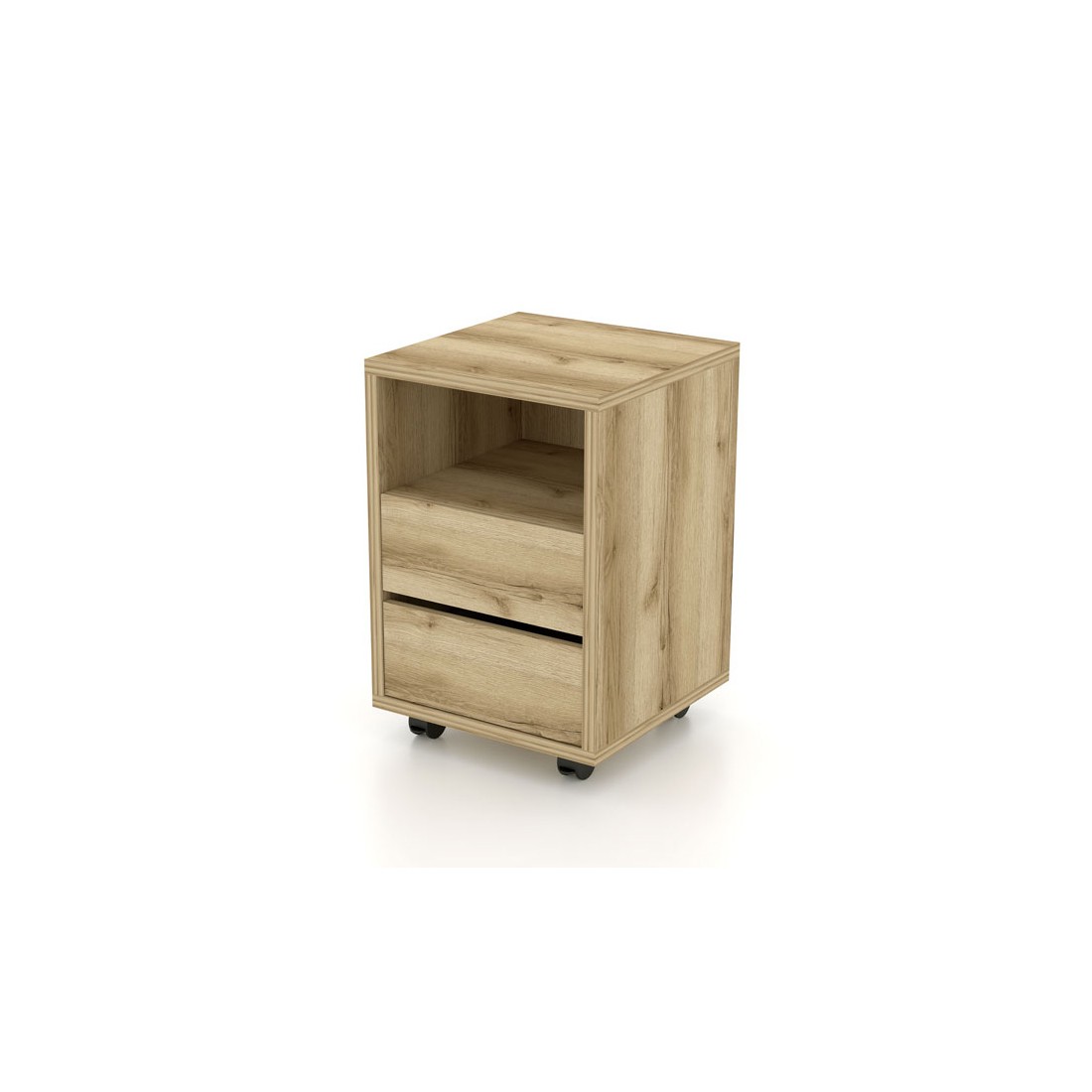 Caisson chêne à roulettes MELTO – 2 tiroirs et 1 niche – Rangement bois clair pratique