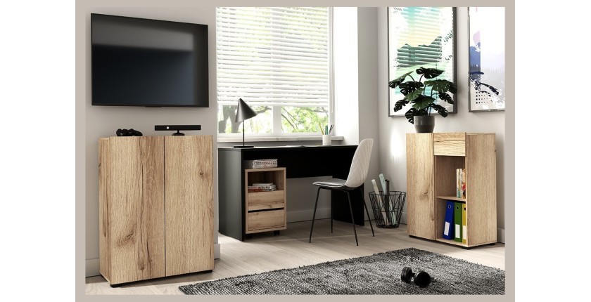 Caisson chêne à roulettes MELTO – 2 tiroirs et 1 niche – Rangement bois clair pratique