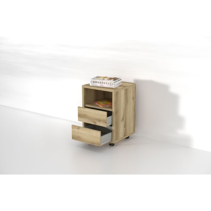 Cassettiera in quercia con ruote MELTO – 2 cassetti e 1 vano – Mobile contenitore in legno chiaro pratico