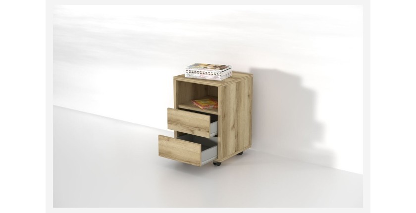 Caisson chêne à roulettes MELTO – 2 tiroirs et 1 niche – Rangement bois clair pratique