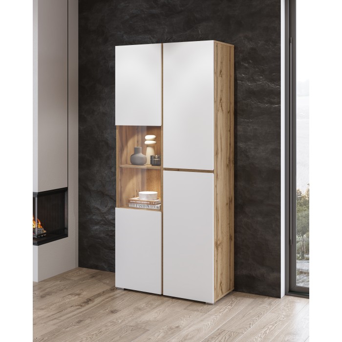 Vitrine HAVANA – Élégance épurée en chêne clair et blanc mat - Sans LED