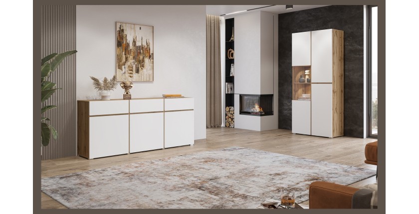 Vitrine HAVANA – Élégance épurée en chêne clair et blanc mat - Sans LED