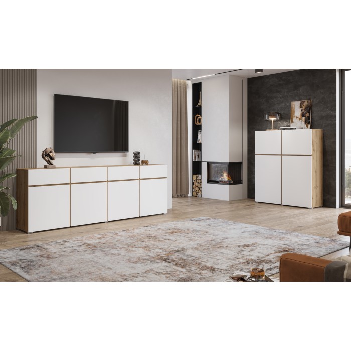 Buffet XL HAVANA – 225 cm – 4 porte e 4 cassetti – Rovere e bianco – Design moderno senza maniglie