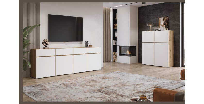 Buffet XL HAVANA – 225 cm – 4 portes et 4 tiroirs – Chêne et blanc – Design moderne sans poignées