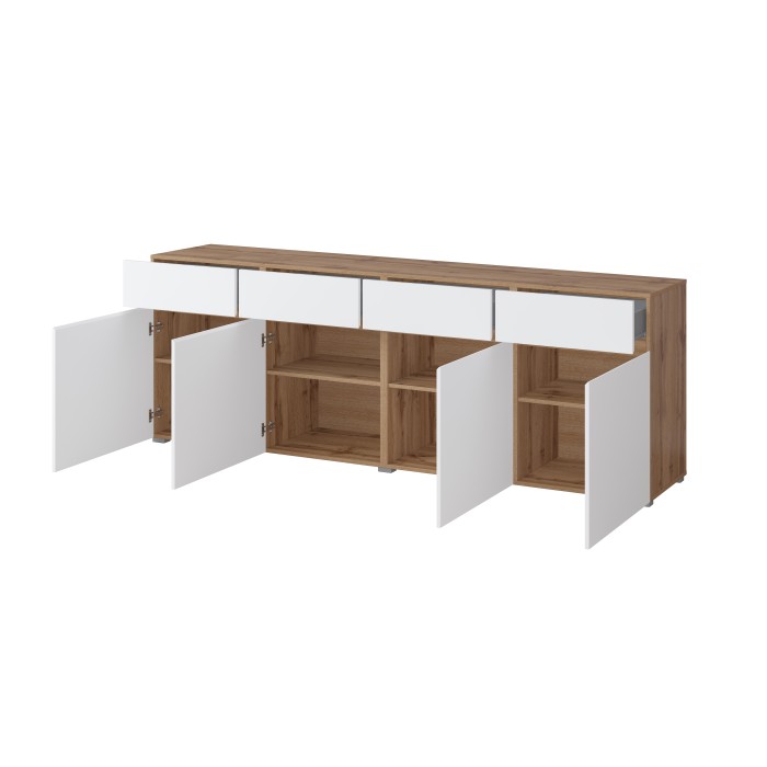 Buffet XL HAVANA – 225 cm – 4 porte e 4 cassetti – Rovere e bianco – Design moderno senza maniglie