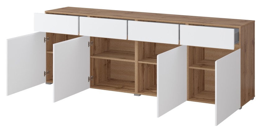 Buffet XL HAVANA – 225 cm – 4 portes et 4 tiroirs – Chêne et blanc – Design moderne sans poignées