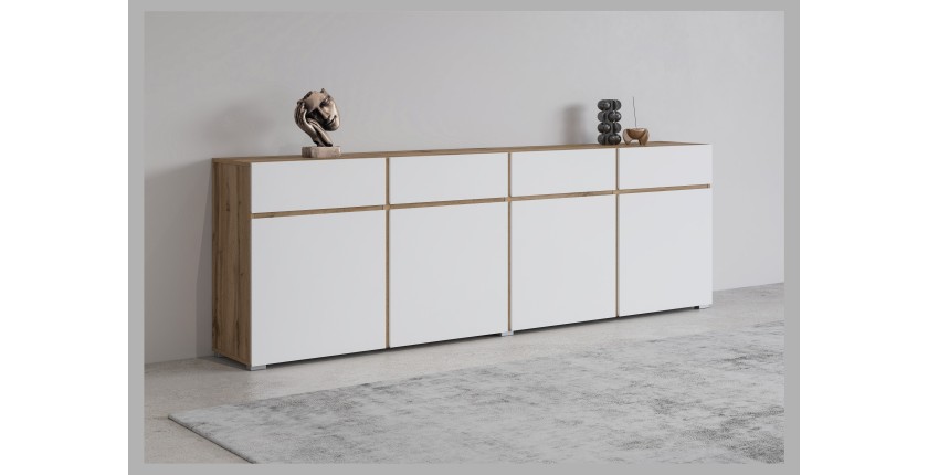 Buffet XL HAVANA – 225 cm – 4 portes et 4 tiroirs – Chêne et blanc – Design moderne sans poignées