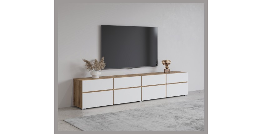 Meuble TV XL HAVANA – 225 cm – 4 portes abattantes et 4 tiroirs – Chêne et blanc – Design moderne