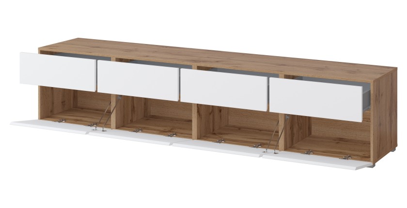 Meuble TV XL HAVANA – 225 cm – 4 portes abattantes et 4 tiroirs – Chêne et blanc – Design moderne