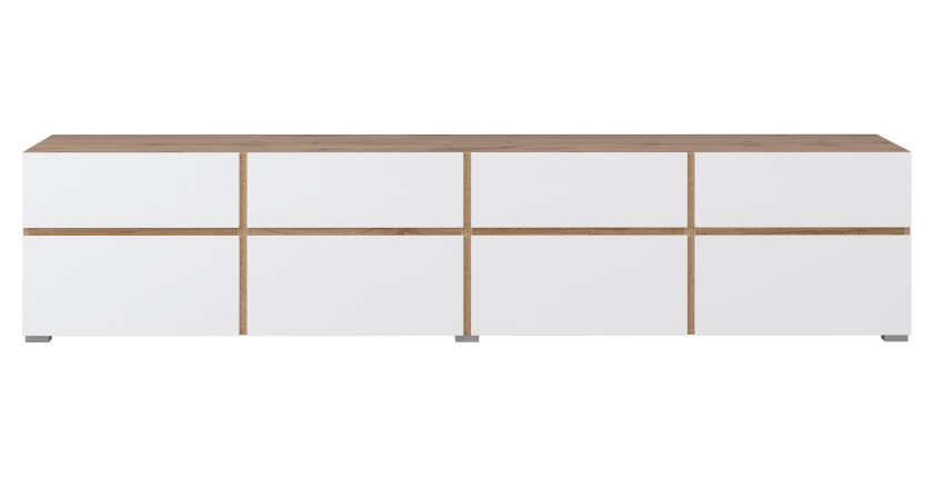 Meuble TV XL HAVANA – 225 cm – 4 portes abattantes et 4 tiroirs – Chêne et blanc – Design moderne