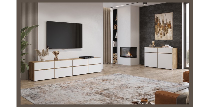 Meuble TV XL HAVANA – 225 cm – 4 portes abattantes et 4 tiroirs – Chêne et blanc – Design moderne