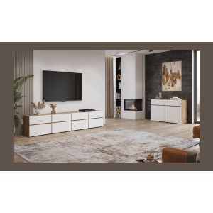 Meuble TV XL HAVANA – 225 cm – 4 portes abattantes et 4 tiroirs – Chêne et blanc – Design moderne