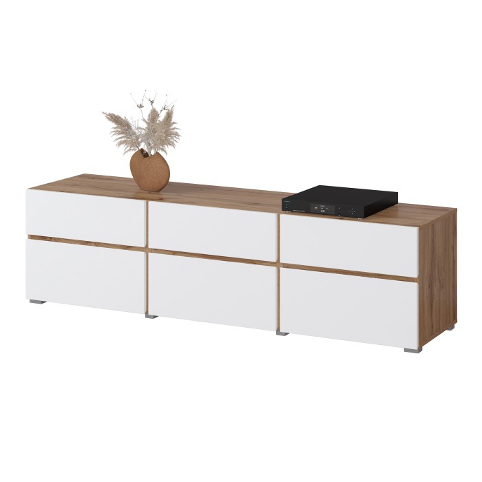 Meuble TV HAVANA – 180 cm – 3 portes abattantes et 3 tiroirs – Chêne et blanc – Design contemporain