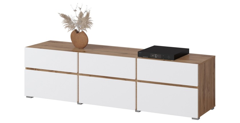 Meuble TV HAVANA – 180 cm – 3 portes abattantes et 3 tiroirs – Chêne et blanc – Design contemporain